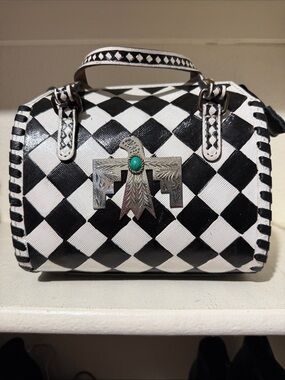 Real leather Black & White Checkered Womens Top-Handle Bag